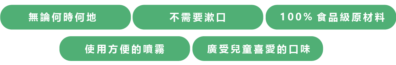 ●不需要漱口●100%食品級原材料●使用方便的噴霧●廣受兒童喜愛的口味