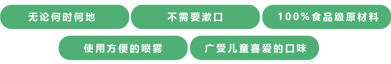 ●不需要漱口●100%食品级原材料●使用方便的喷雾●广受儿童喜爱的口味